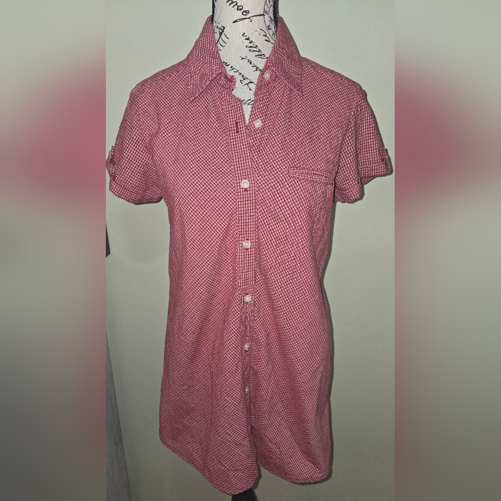 Vintage duo MATERNITY Blouse Top Sz Small Button Front Short Sleeve Red Plaid